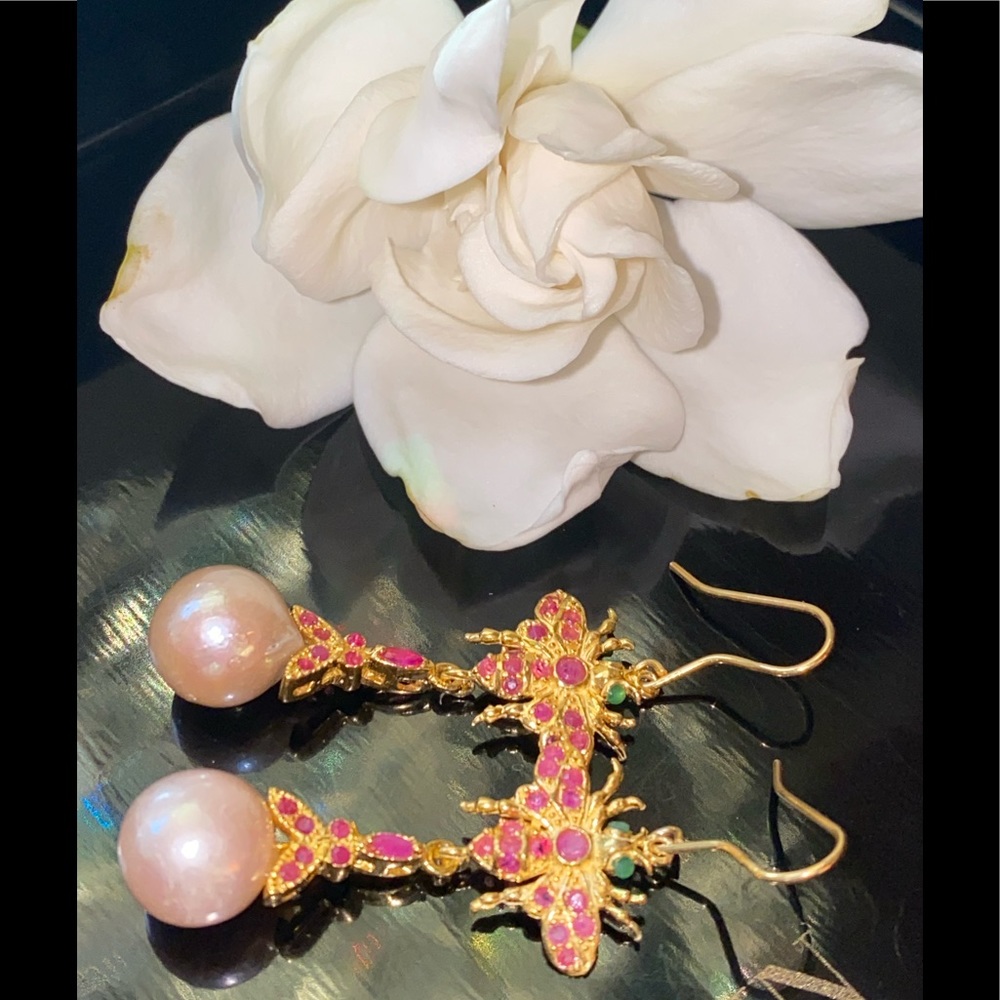 Elegant Genuine Baroque Pearl Ruby Earrings